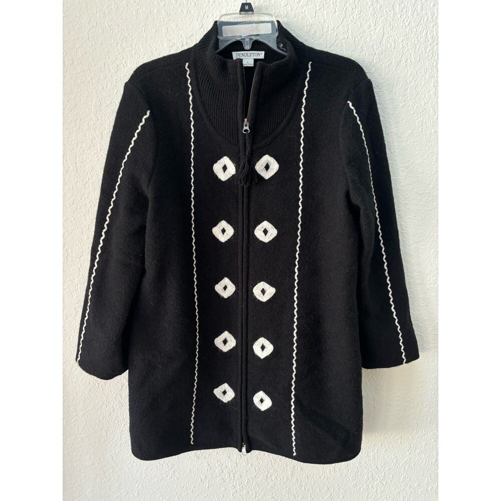 Vintage Pendleton Lambswool Coat Jacket Black White Stitching Size Large $300